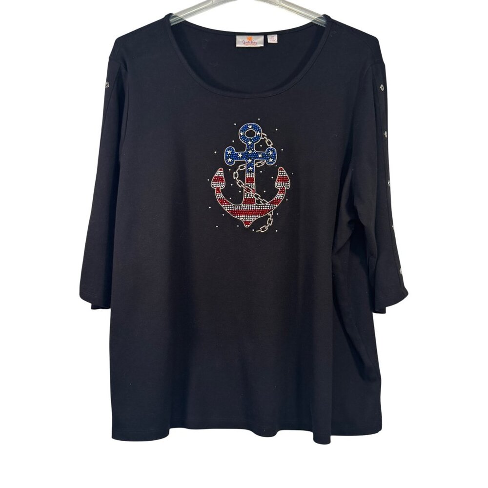 Quacker Factory 3X Rhinestone Anchor Black 3/4 Sleeve Shirt